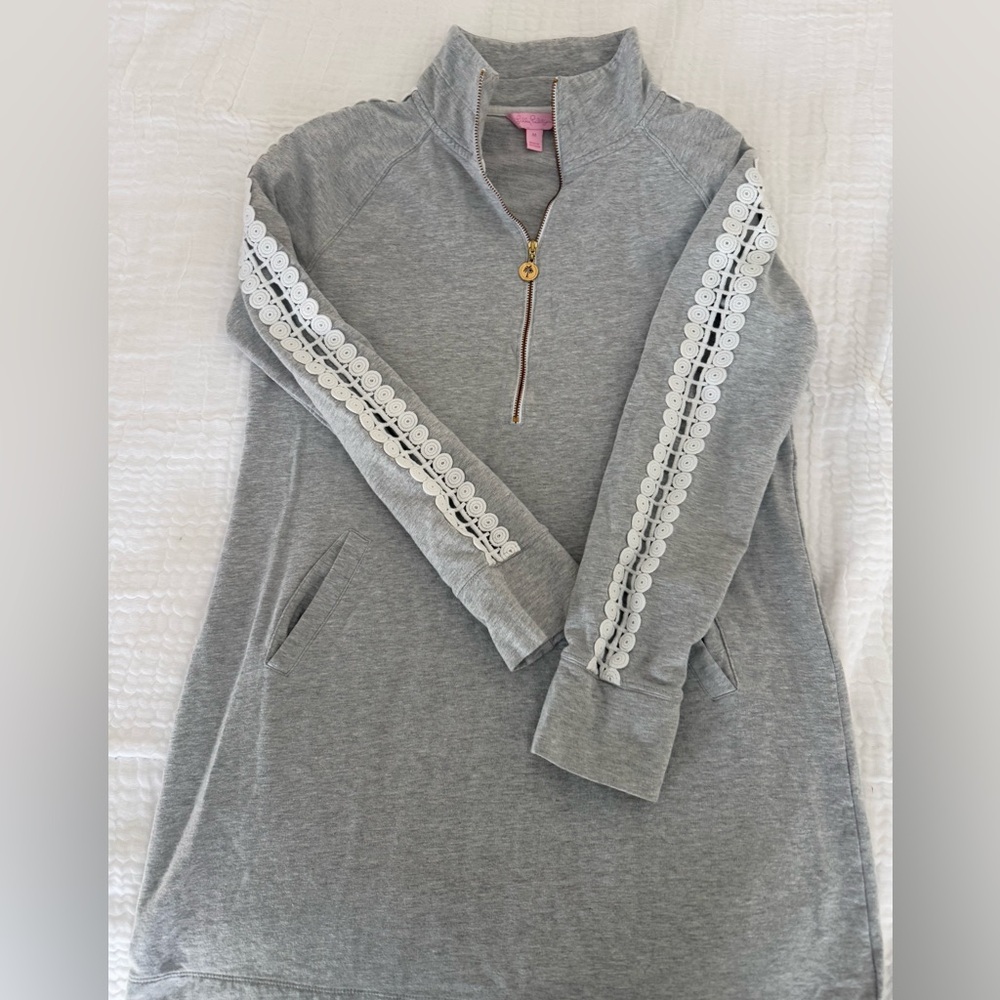 Lilly Pulitzer Skipper popover dress in heathered seaside grey with lace detail